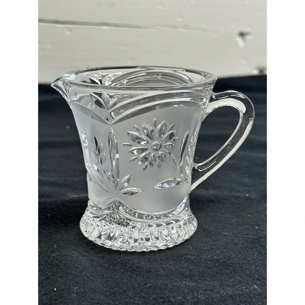 Vintage Frosted Floral Glass Creamer Pitcher Daisy Wheat Cut Design Starburst